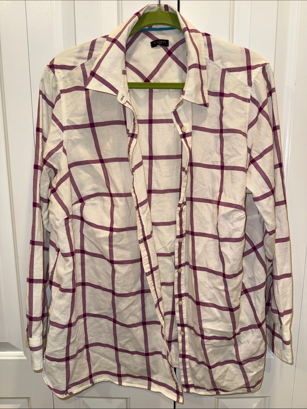 Talbots Cream Button-Up Shirt with Purple Windowpane Grid